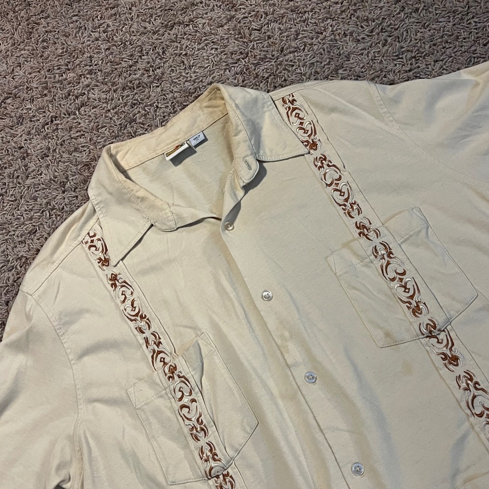 Haband Guayabera Shirt Mens XL Cream Short Sleeve Embroidered 4 Pocket Cuban Tan
